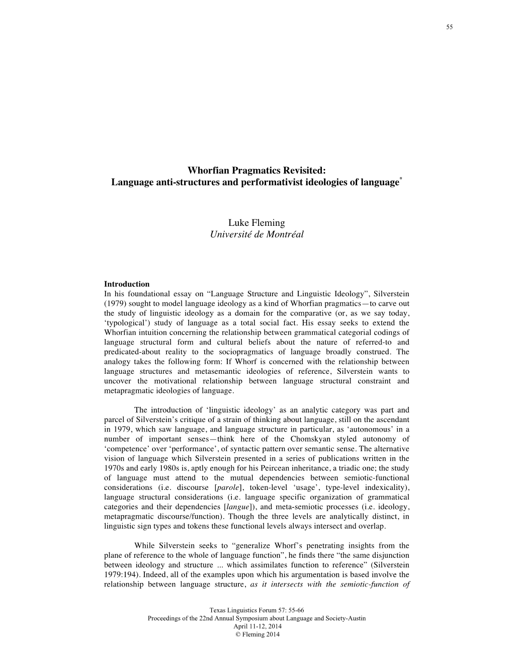 Whorfian Pragmatics Revisited: Language Anti-Structures and Performativist Ideologies of Language* Luke Fleming Université De M