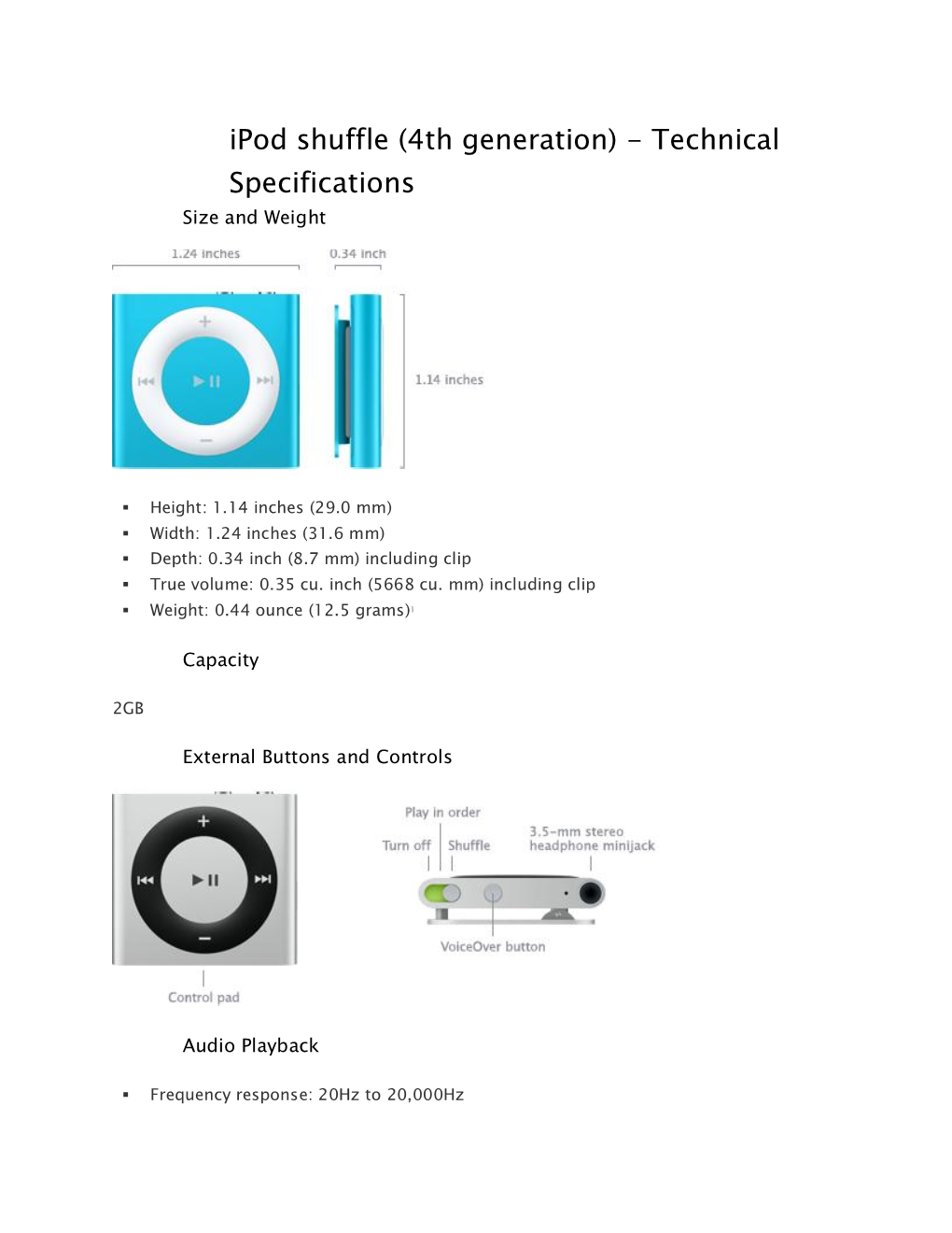 Ipod Shuffle (4Th Generation) - Technical Specifications Size and Weight