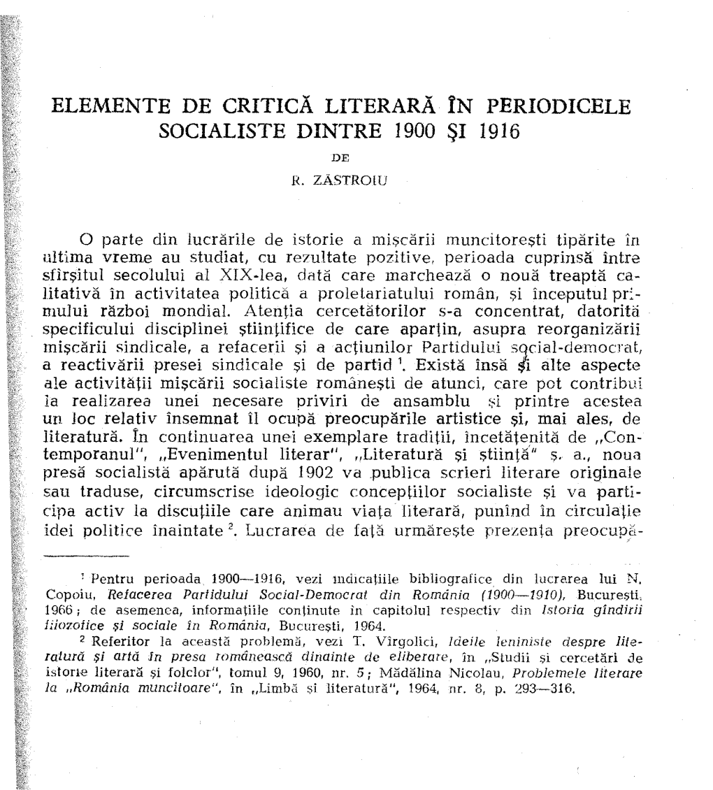 R. ZĂSTROIU, Elemente De Critică Literară În Periodicele Socialiste