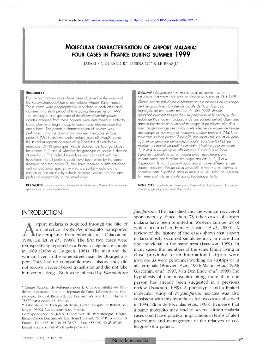 Molecular Characterisation of Airport Malaria: Four Cases in France During Summer 1999