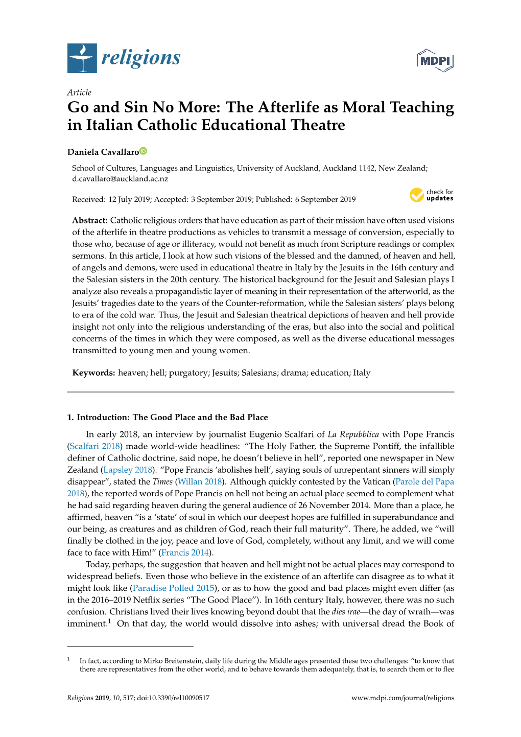 Go and Sin No More: the Afterlife As Moral Teaching in Italian Catholic Educational Theatre