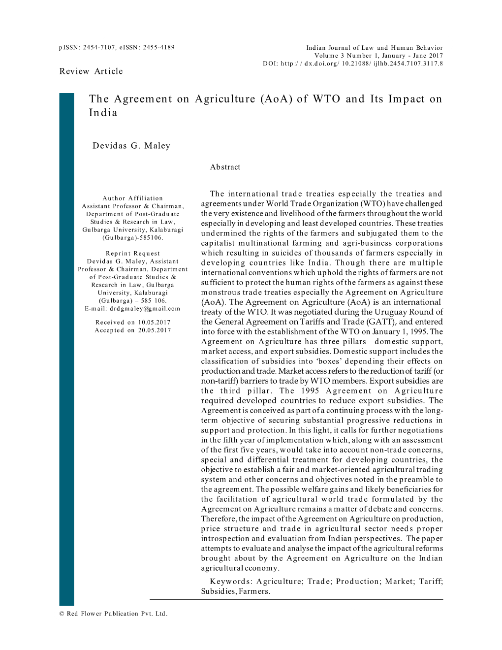The Agreement on Agriculture (Aoa) of WTO and Its Impact on India