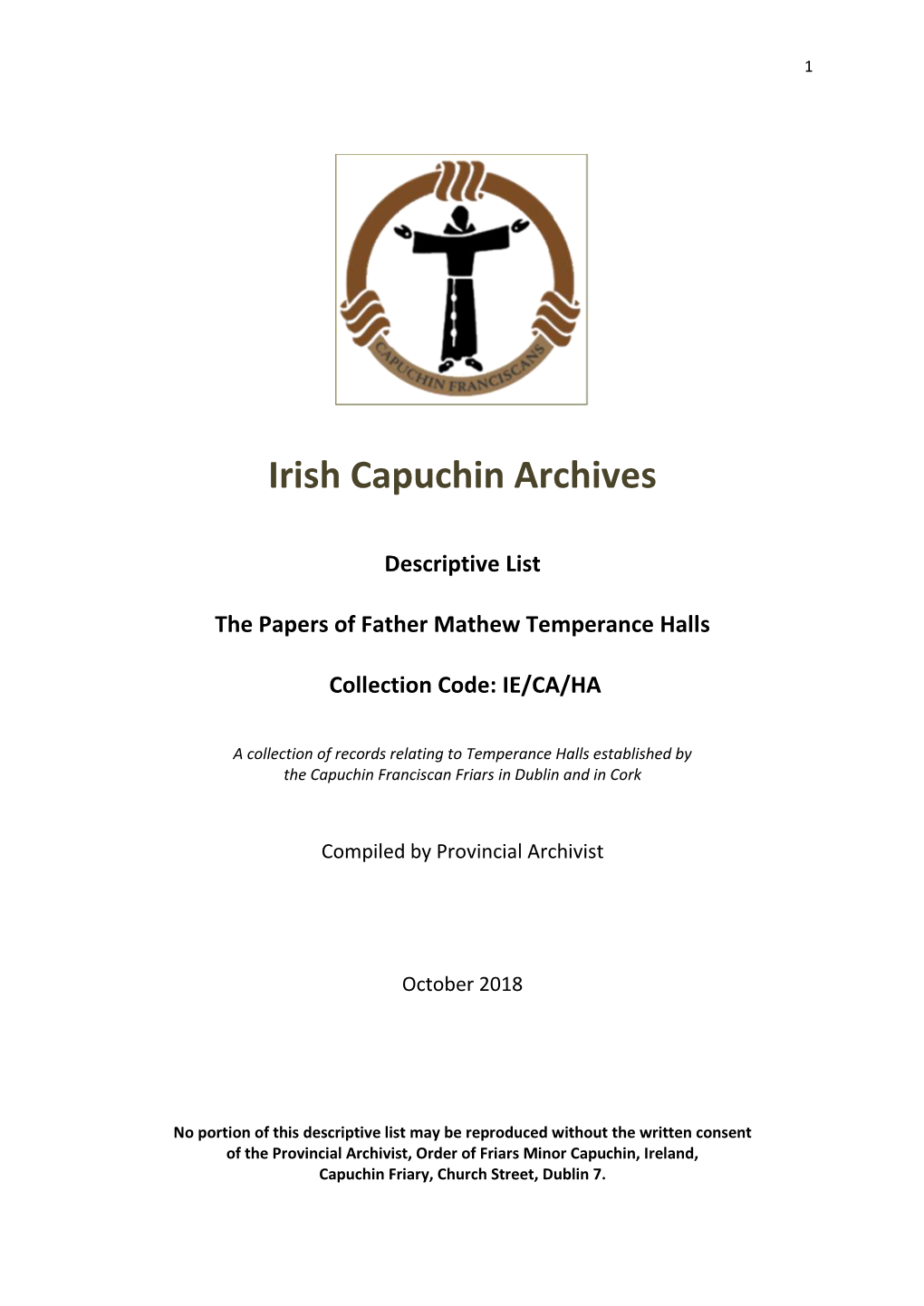 Papers of Father Mathew Temperance Halls