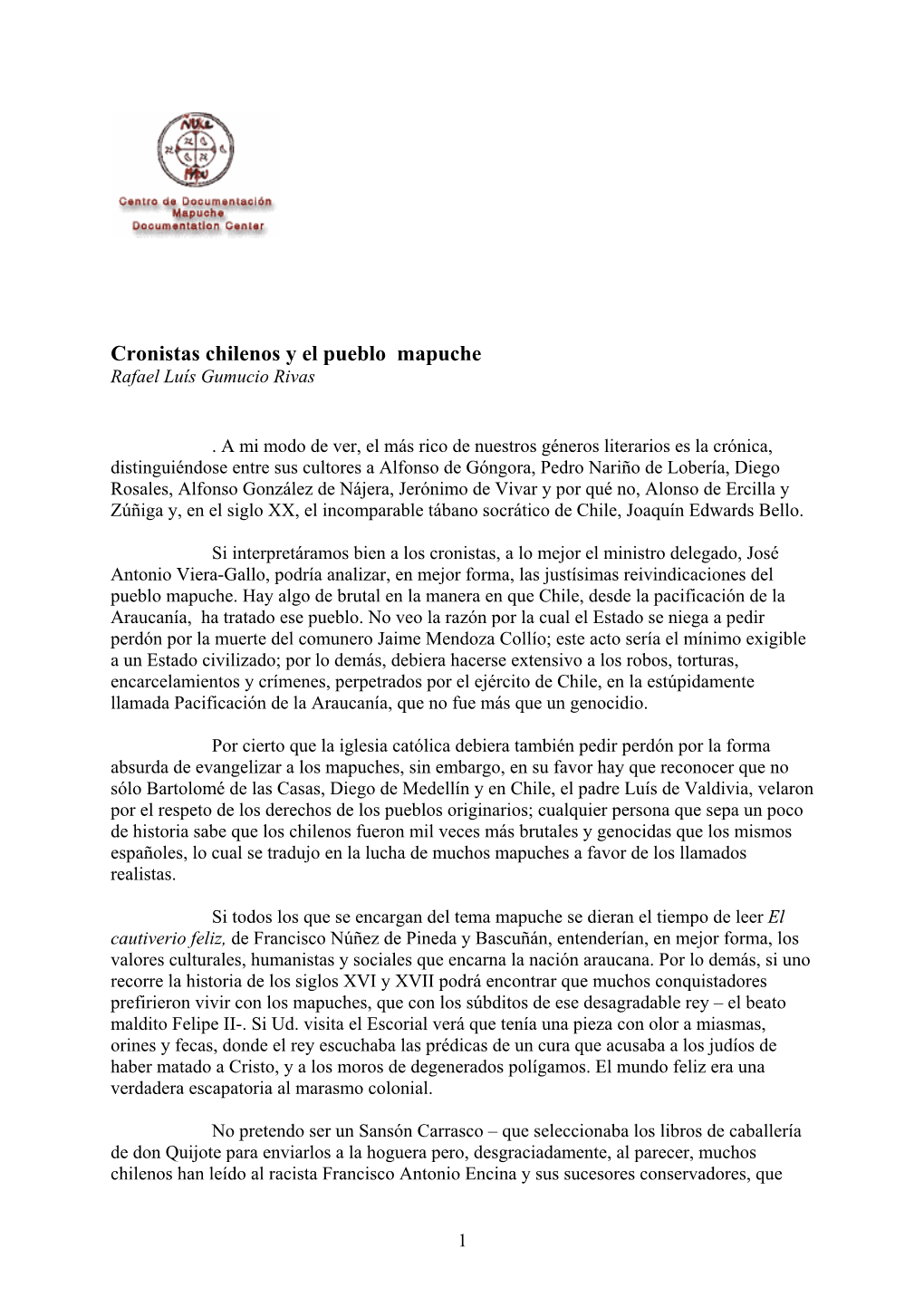 Cronistas Chilenos Y El Pueblo Mapuche Rafael Luís Gumucio Rivas