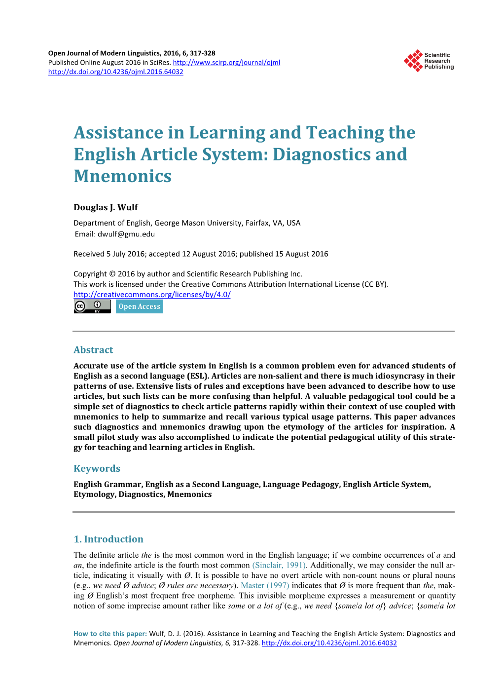Assistance in Learning and Teaching the English Article System: Diagnostics and Mnemonics