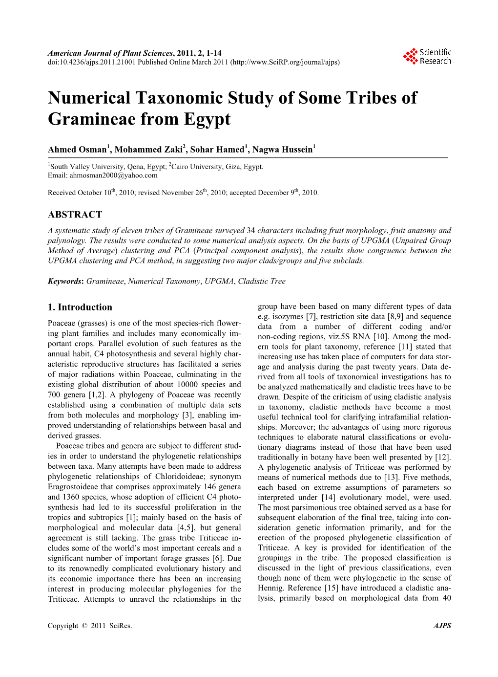 Numerical Taxonomic Study of Some Tribes of Gramineae from Egypt