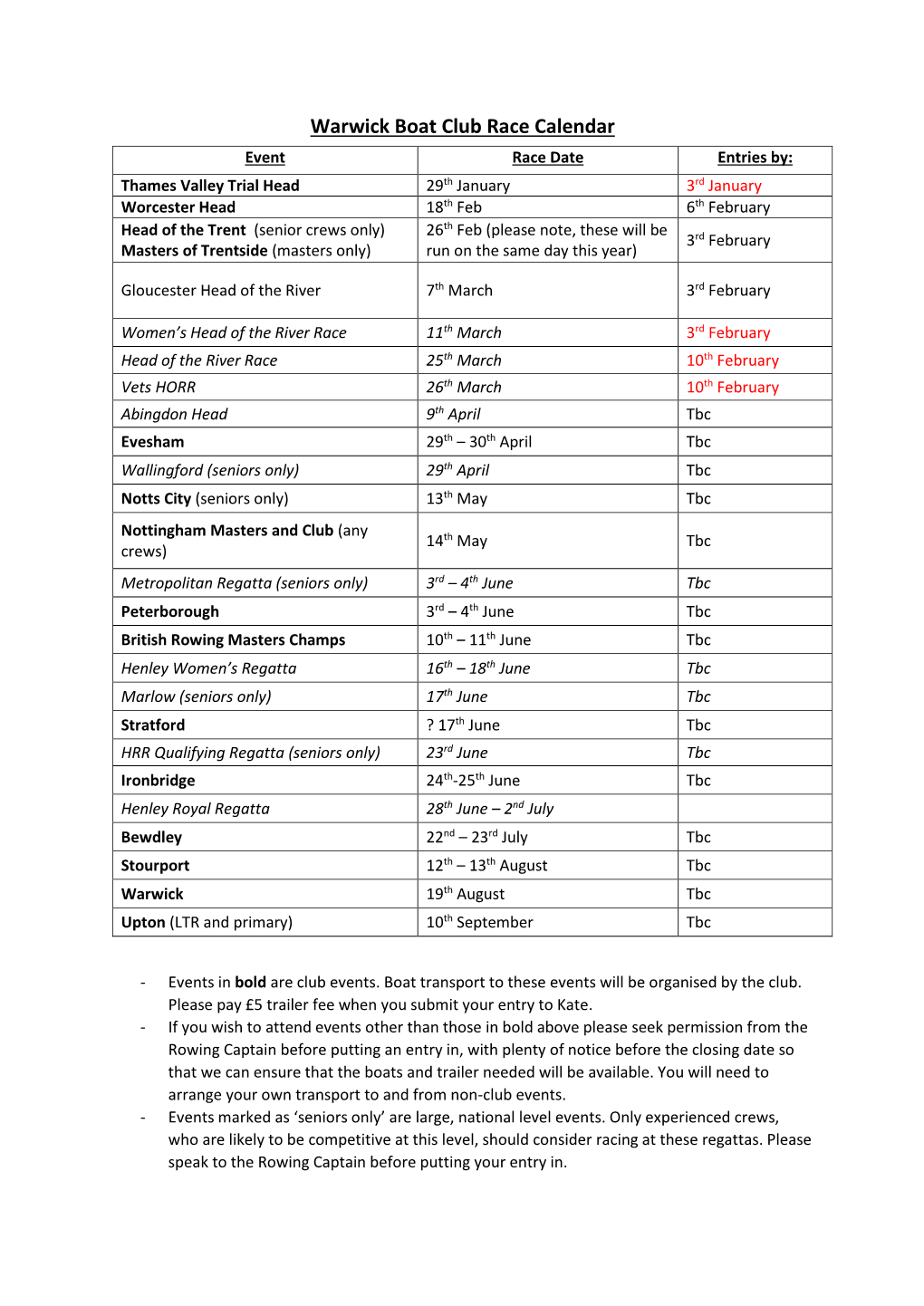 Warwick Boat Club Race Calendar