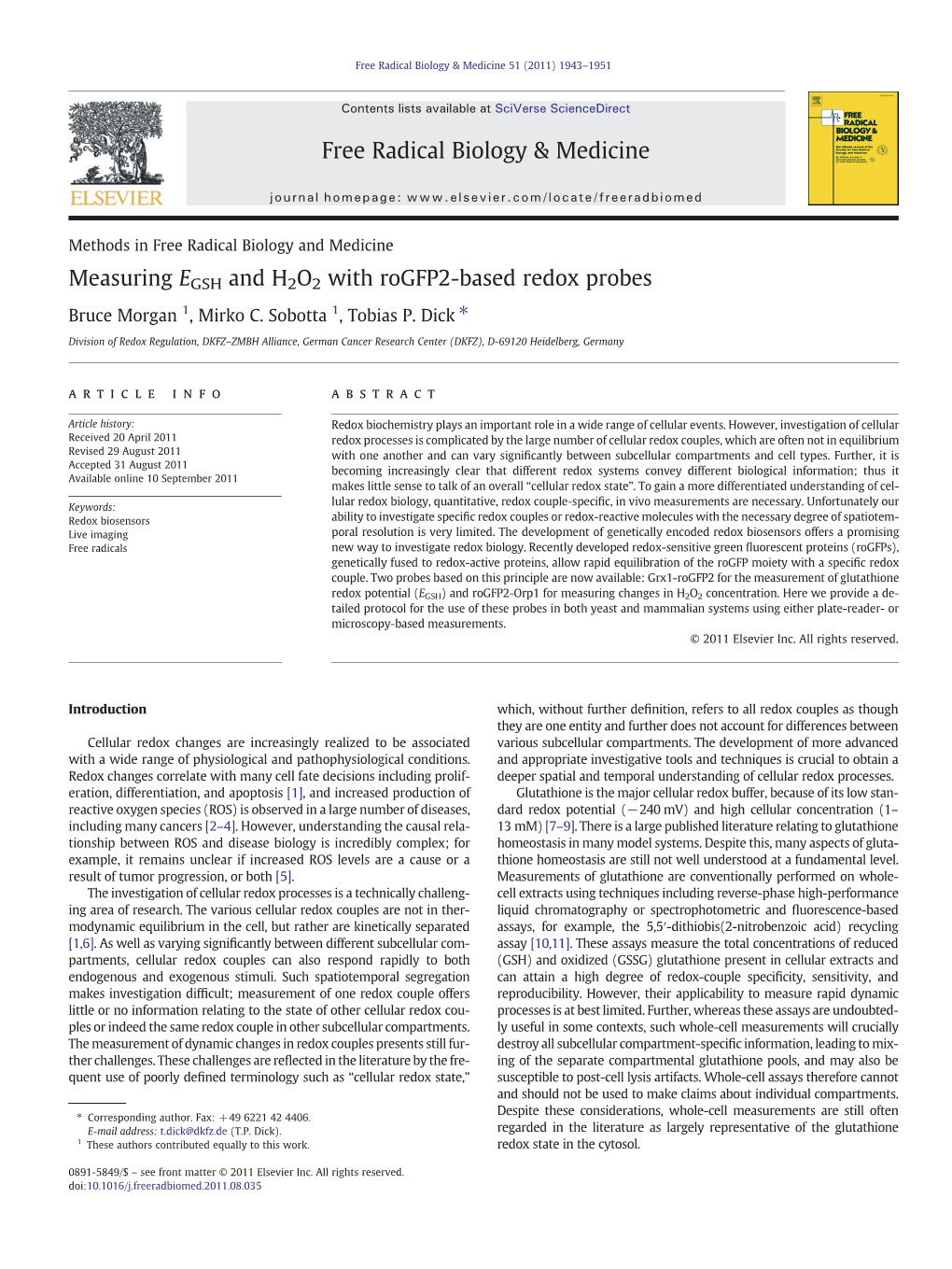 Measuring EGSH and H2O2 with Rogfp2-Based Redox Probes Bruce Morgan 1, Mirko C