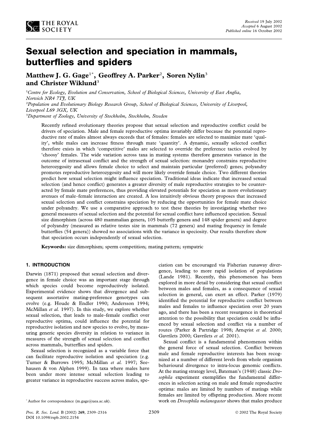 Sexual Selection and Speciation in Mammals, Butterflies and Spiders