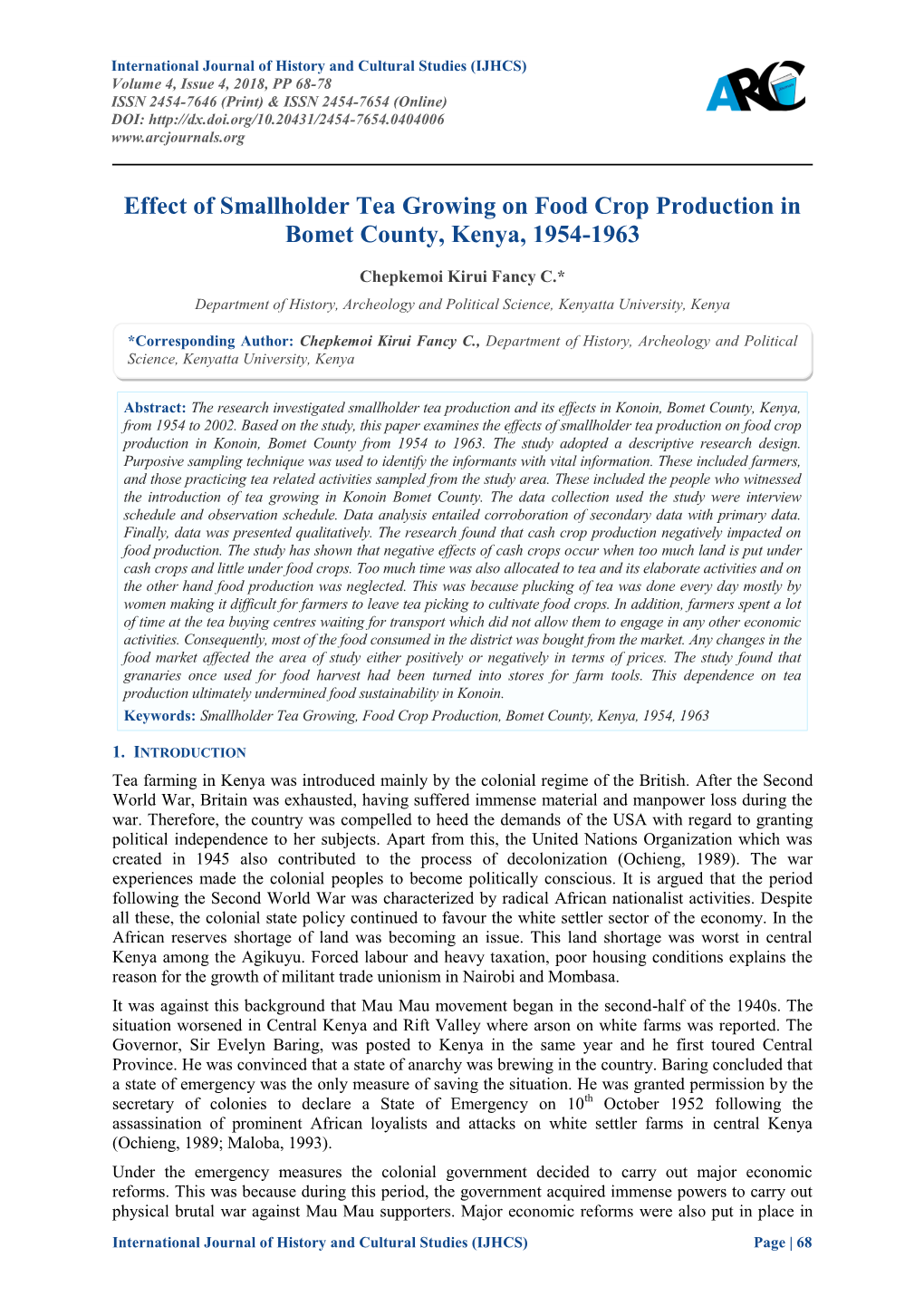 Effect of Smallholder Tea Growing on Food Crop Production in Bomet County, Kenya, 1954-1963