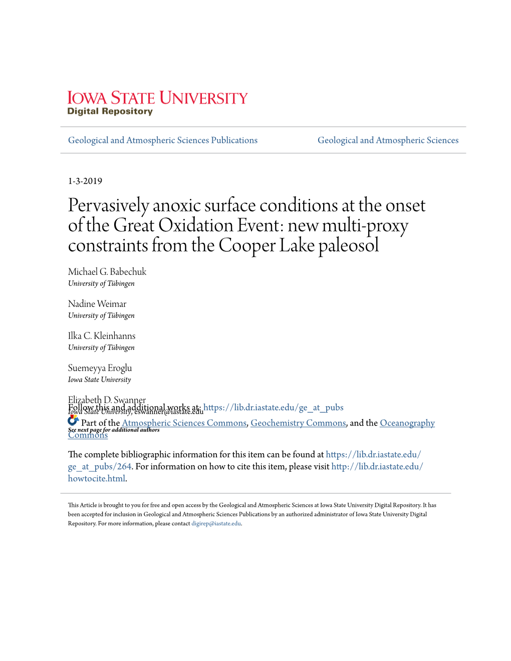 Pervasively Anoxic Surface Conditions at the Onset of the Great Oxidation Event: New Multi-Proxy Constraints from the Cooper Lake Paleosol Michael G