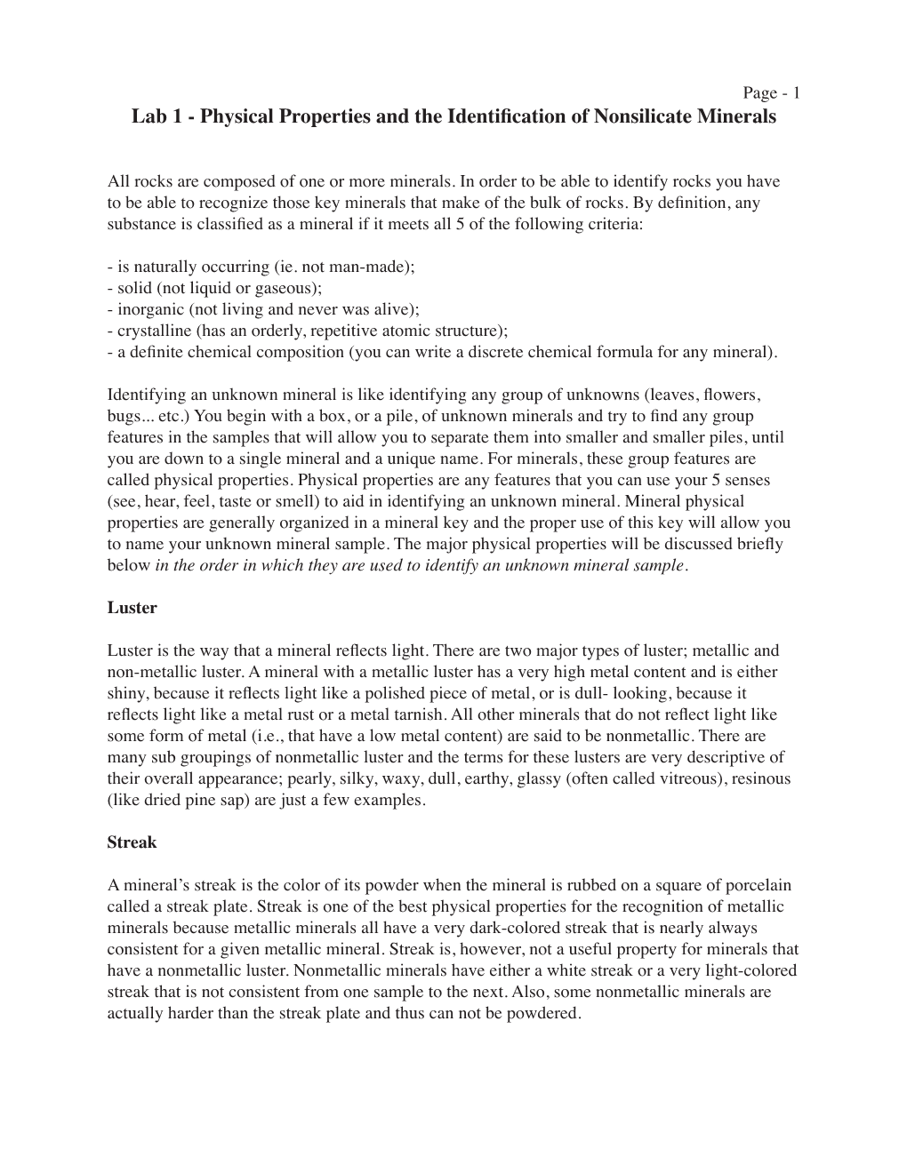 Lab 1 - Physical Properties and the Identification of Nonsilicate Minerals