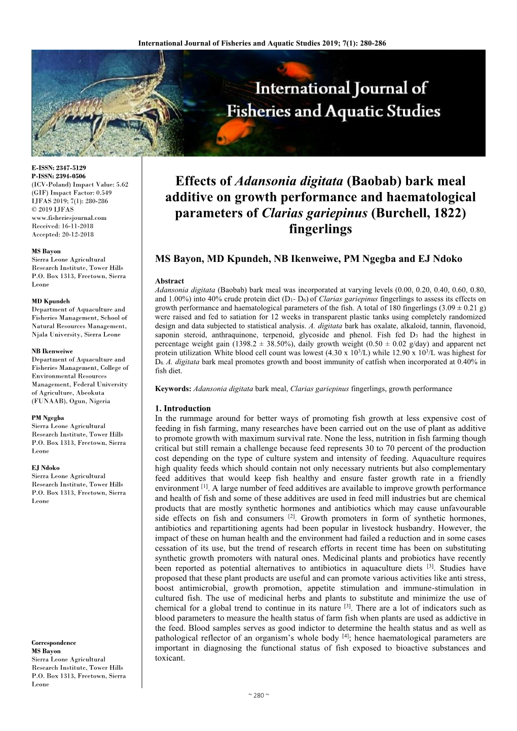 Effects of Adansonia Digitata (Baobab) Bark Meal Additive on Growth Performance and Nutrient Utilization of Clarias Gariepinus Fingerlings