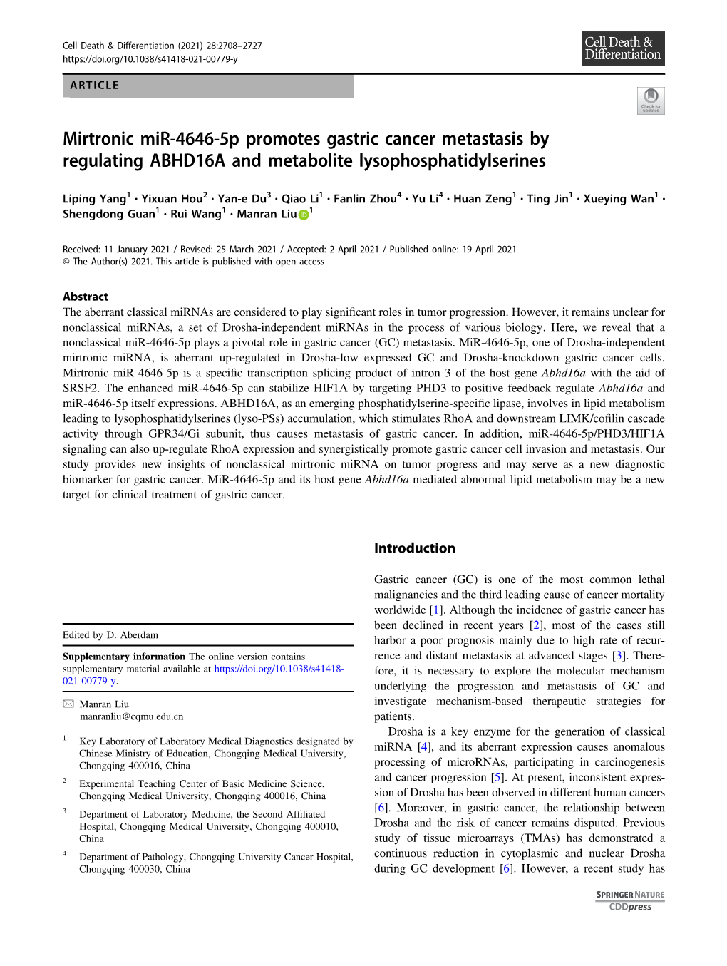 Mirtronic Mir-4646-5P Promotes Gastric Cancer Metastasis by Regulating ABHD16A and Metabolite Lysophosphatidylserines