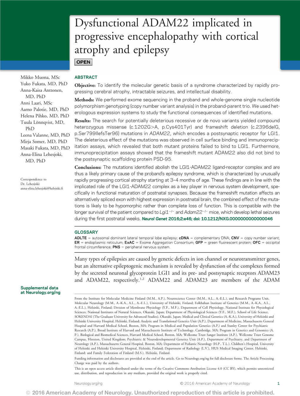 Dysfunctional ADAM22 Implicated in Progressive Encephalopathy with Cortical Atrophy and Epilepsy