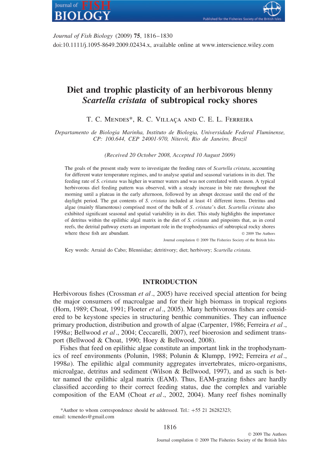 Diet and Trophic Plasticity of an Herbivorous Blenny Scartella Cristata of Subtropical Rocky Shores