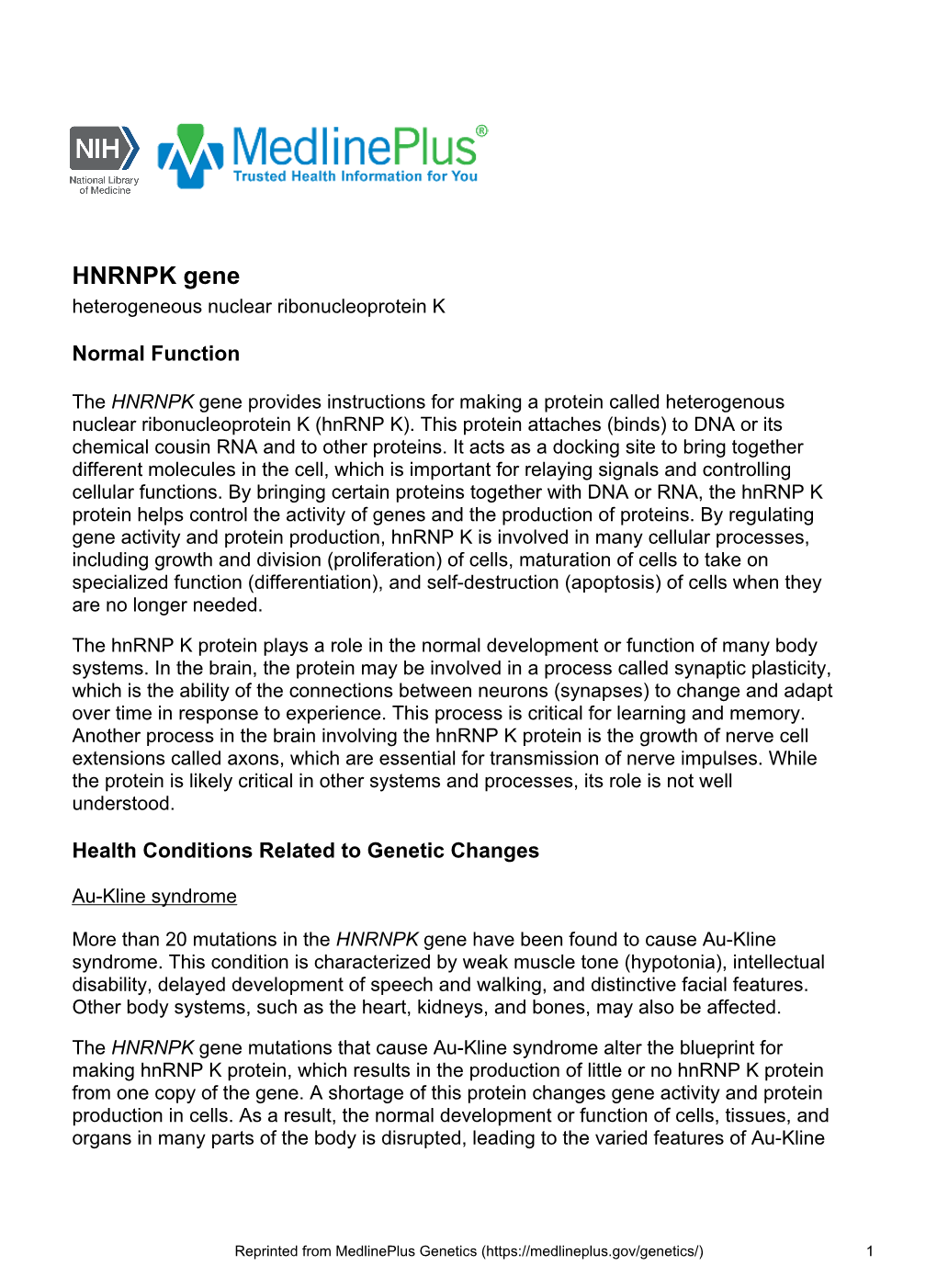 HNRNPK Gene Heterogeneous Nuclear Ribonucleoprotein K