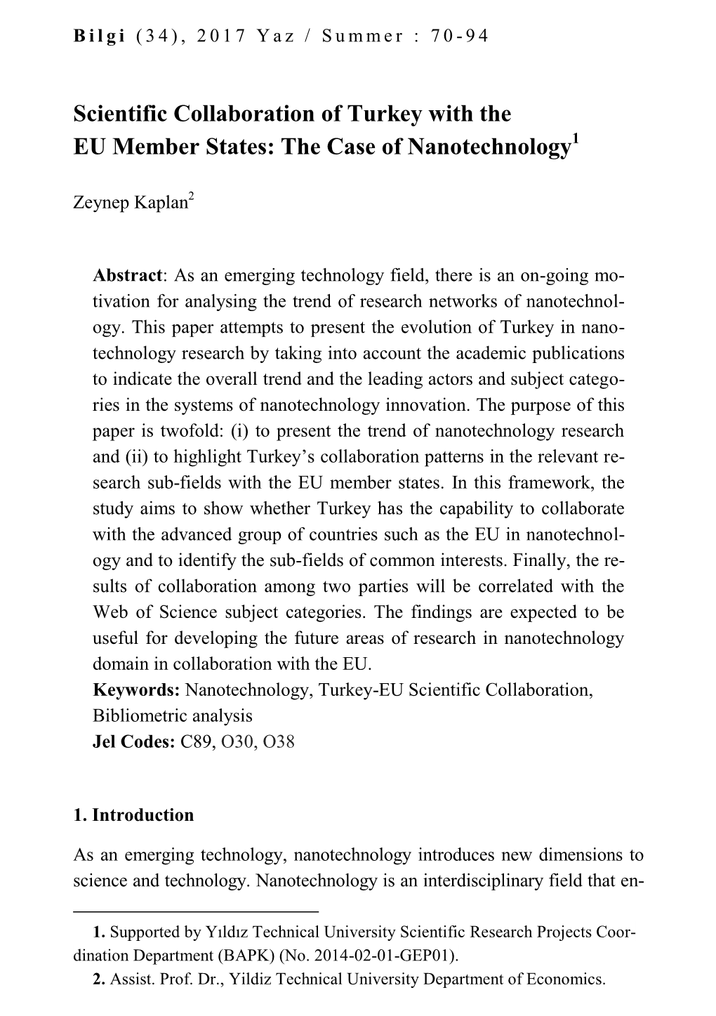 Scientific Collaboration of Turkey with the EU Member States: the Case of Nanotechnology1