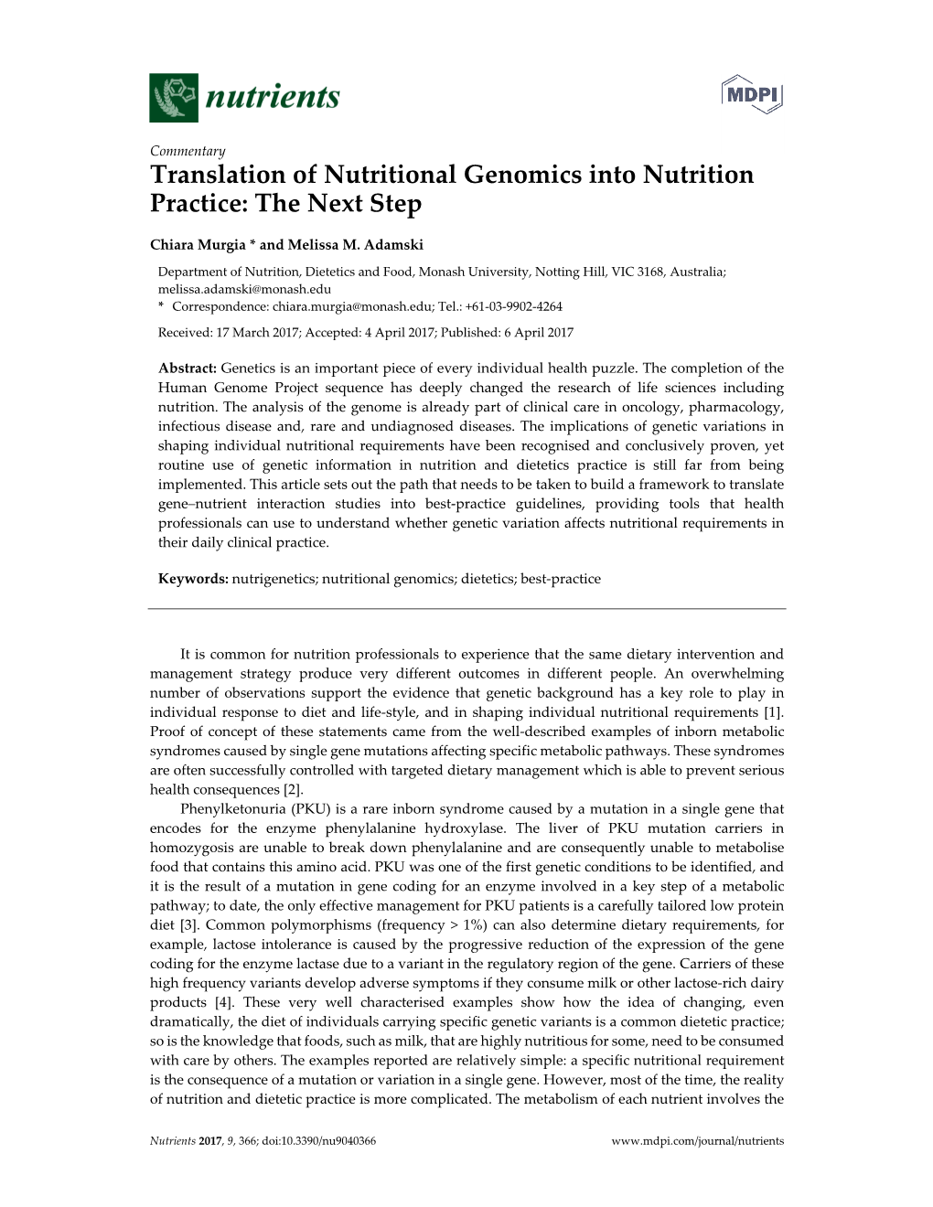 Translation of Nutritional Genomics Into Nutrition Practice: the Next Step