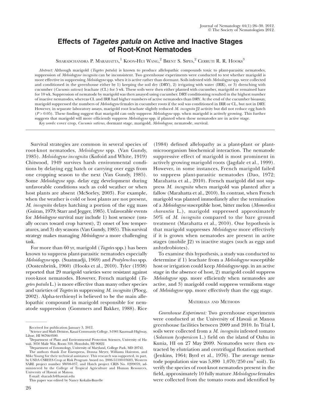 Effects of Tagetes Patula on Active and Inactive Stages of Root-Knot Nematodes