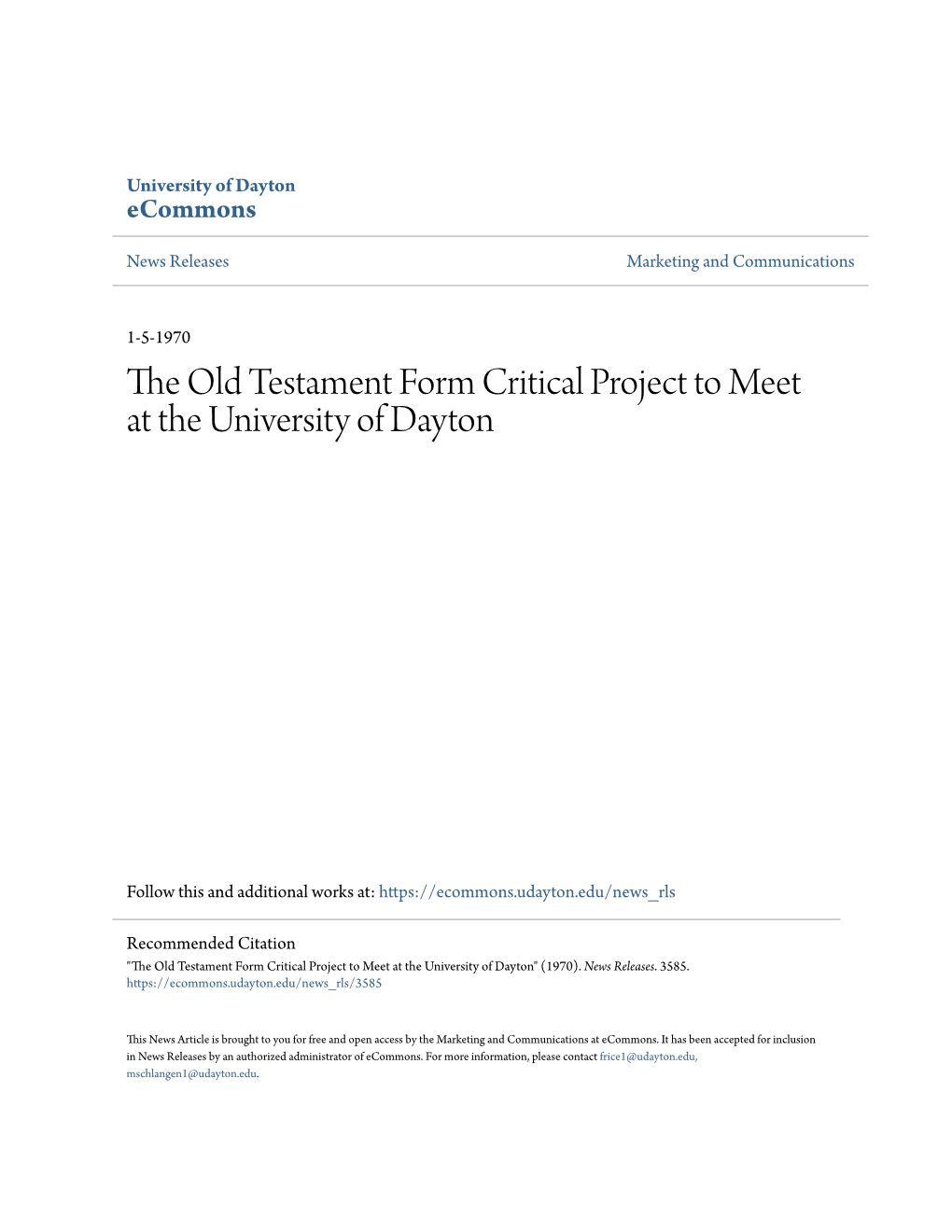 The Old Testament Form Critical Project to Meet at the University of Dayton