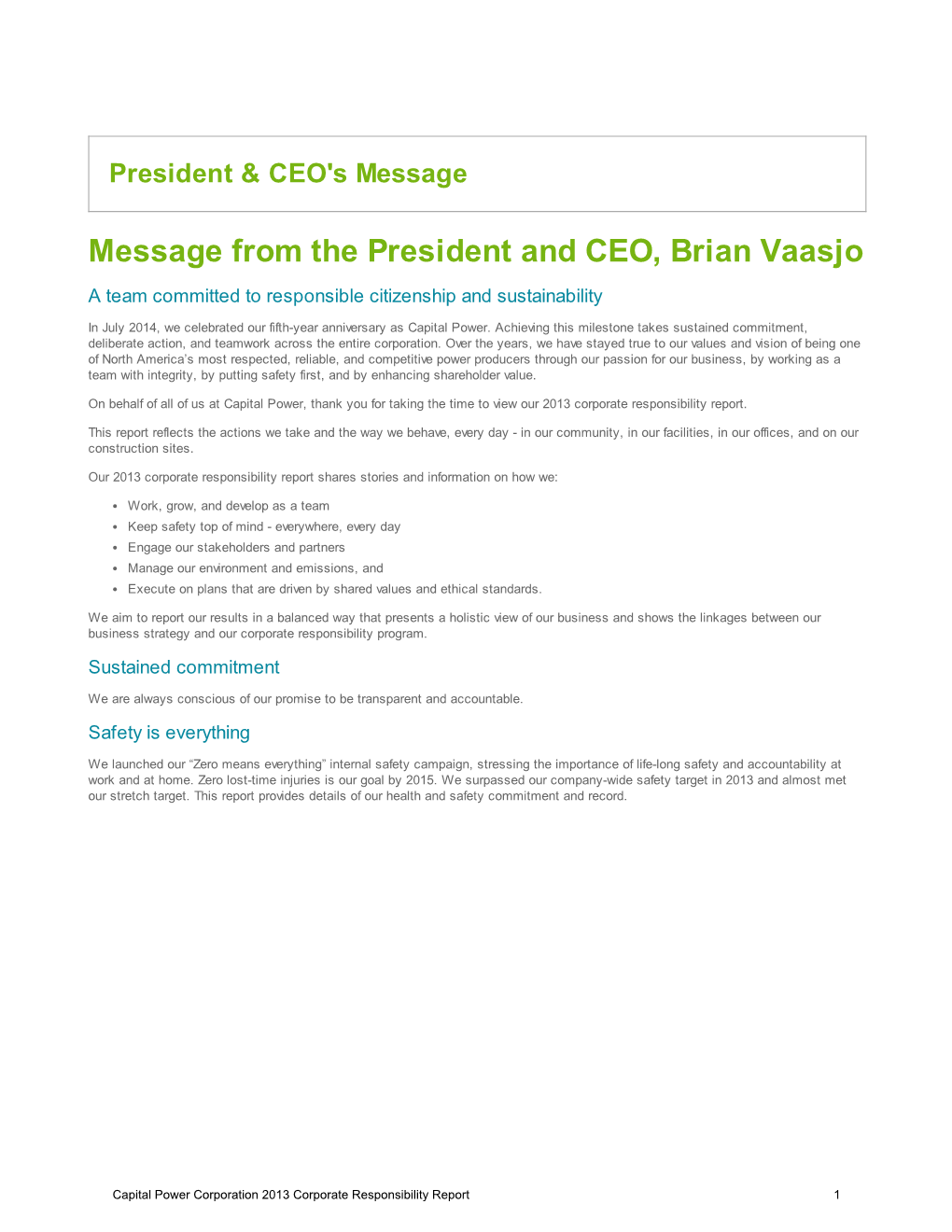 Message from the President and CEO, Brian Vaasjo