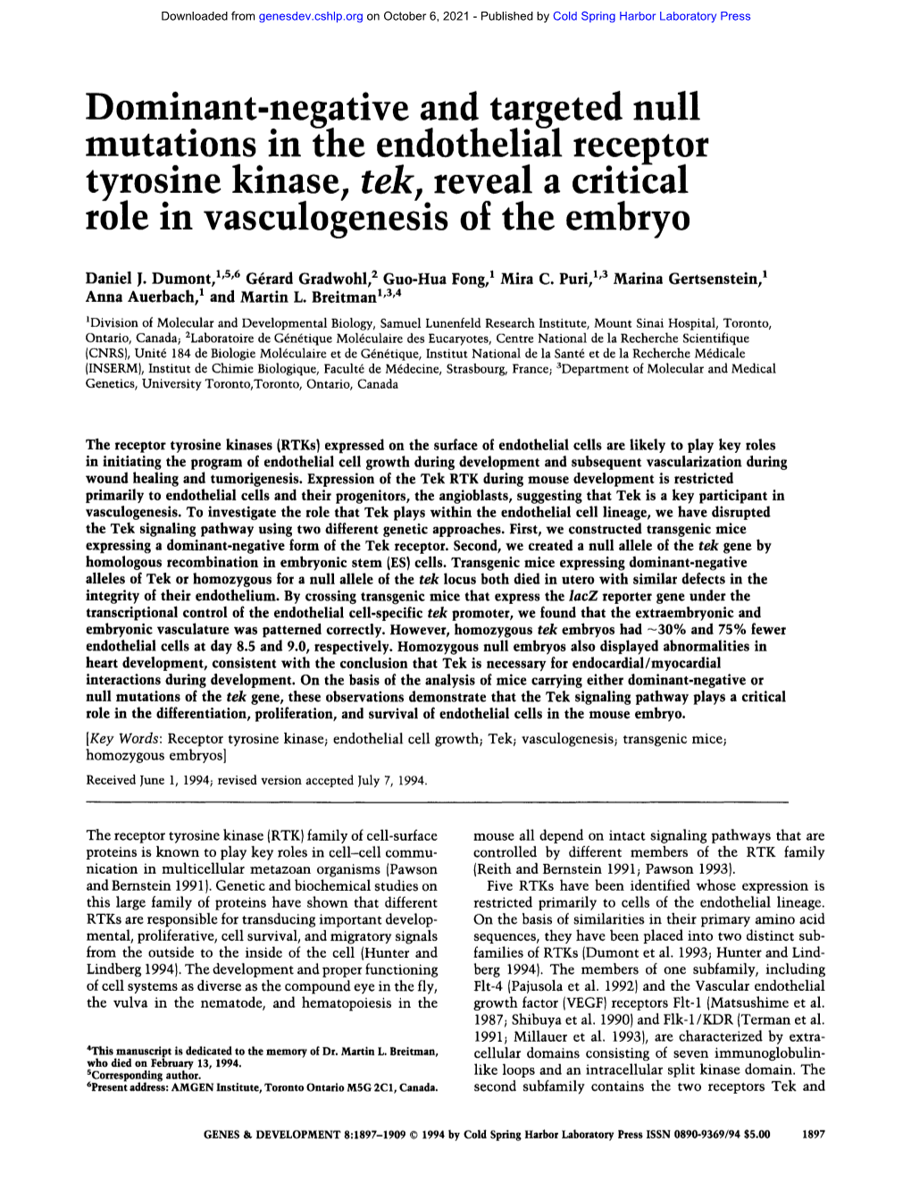 Dominant-Negative and Targeted Null Mutations in the Endothehal Receptor Tyrosine Kinase, Tek, Reveal a Critical Role in Vasculogenesis of the Embryo