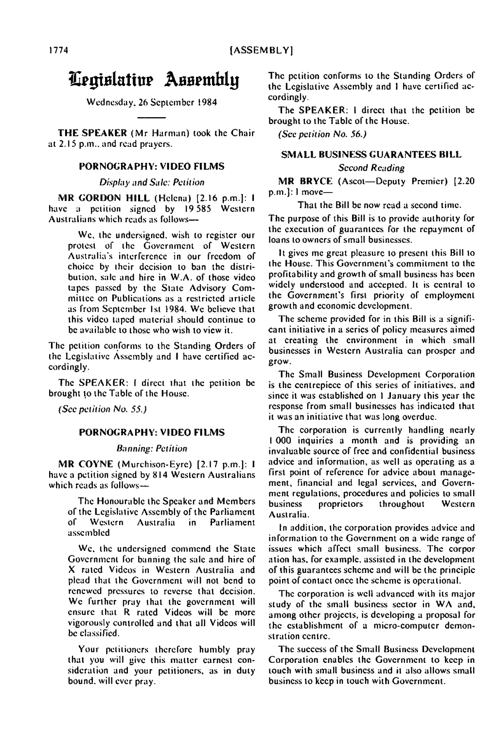 26 September 1984 the SPEAKER: I Direct That the Petition Be Brought to the Table of the House