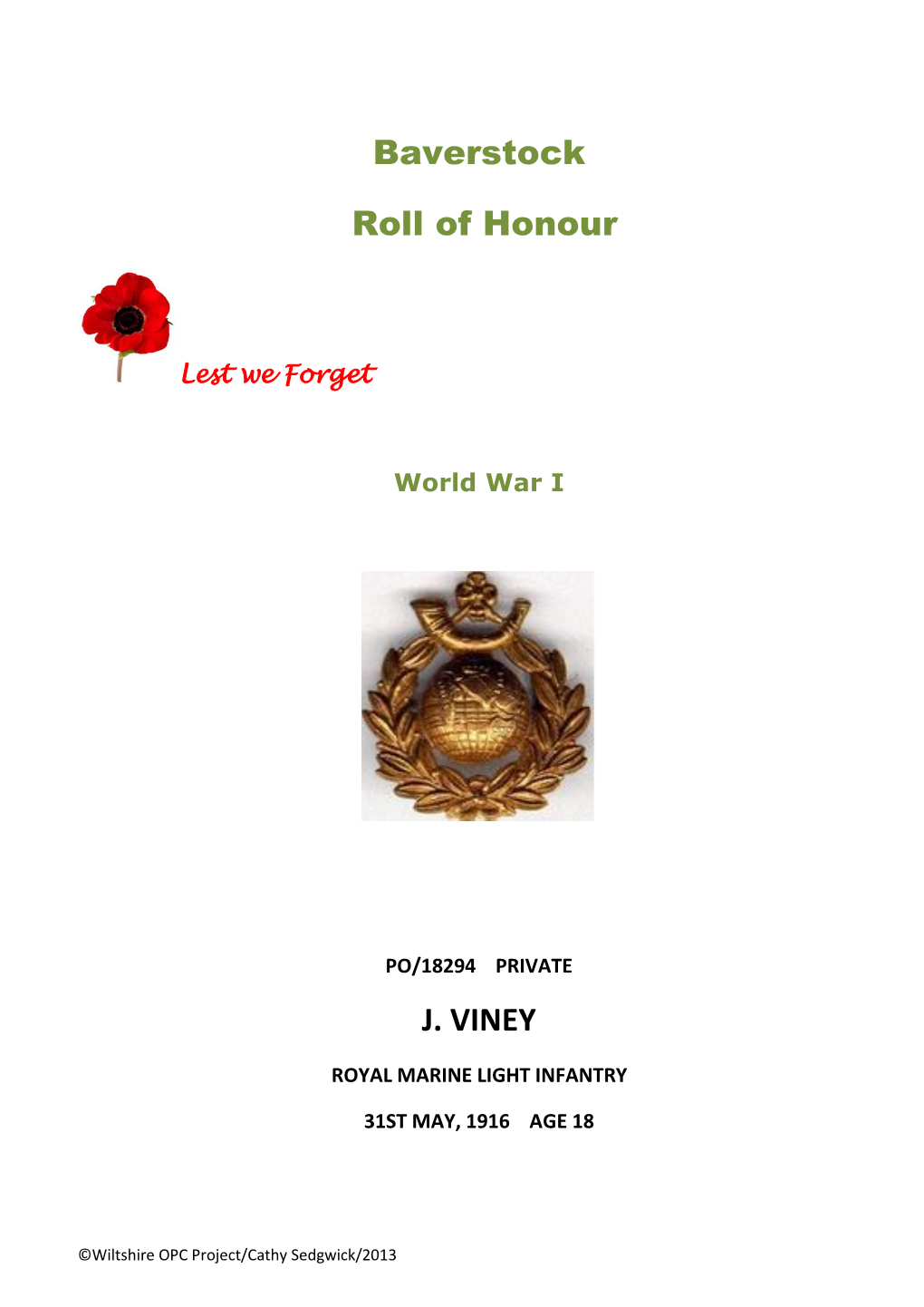 Baverstock Roll of Honour J. VINEY