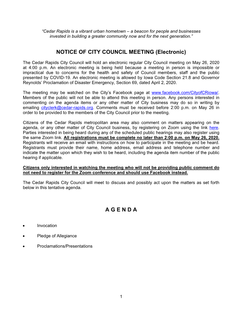 NOTICE of CITY COUNCIL MEETING (Electronic) a G E N