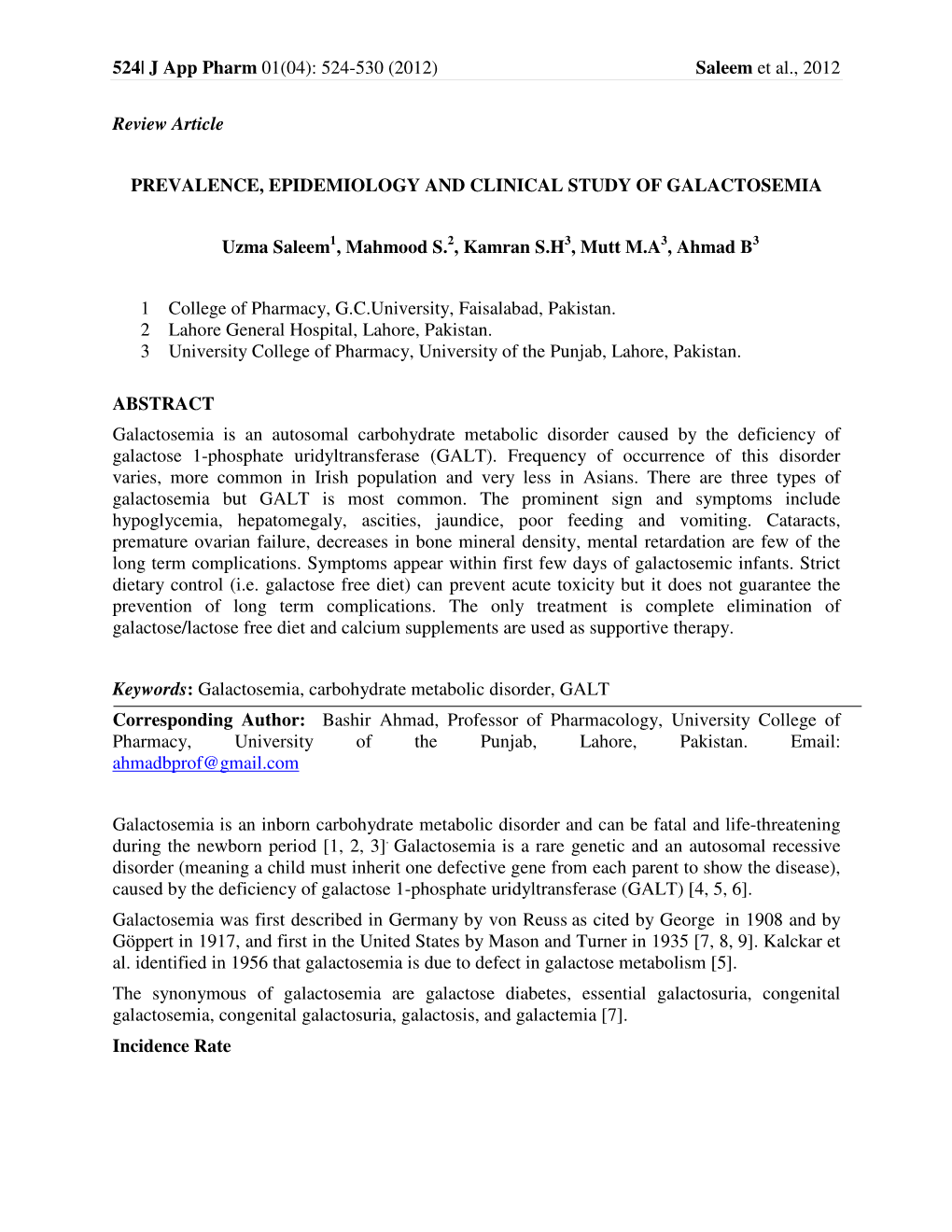 Prevalence, Epidemiology and Clinical Study of Galactosemia