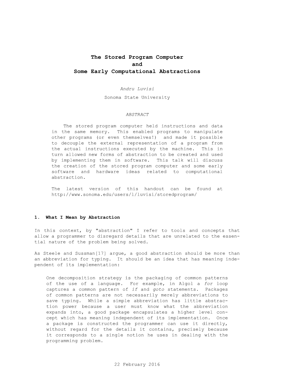 The Stored Program Computer and Some Early Computational Abstractions