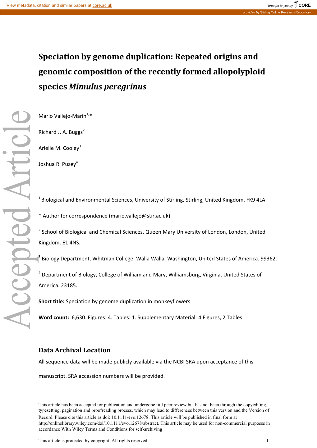 Speciation by Genome Duplication: Repeated Origins and Genomic Composition of the Recently Formed Allopolyploid Species Mimulus Peregrinus