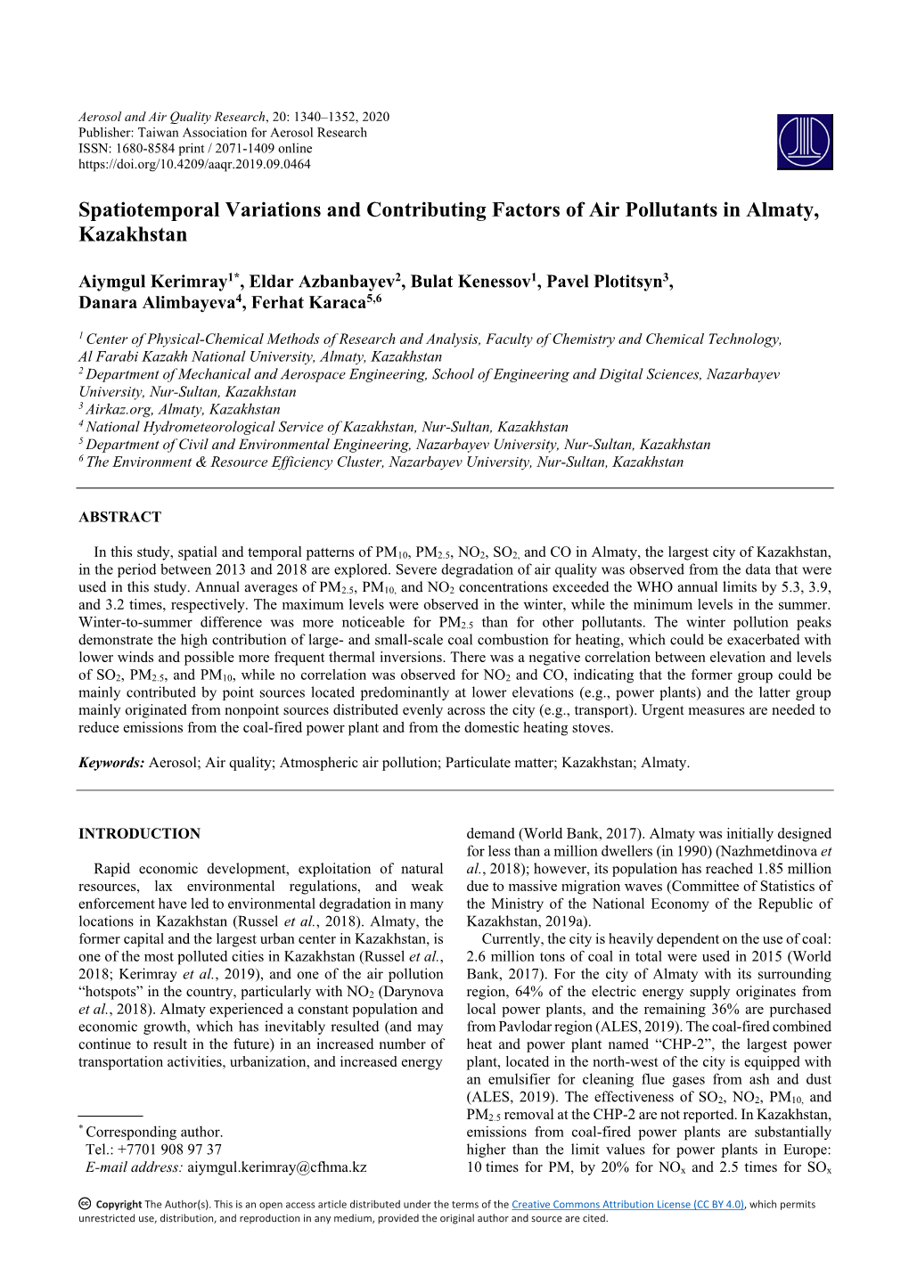 Spatiotemporal Variations and Contributing Factors of Air Pollutants in Almaty, Kazakhstan