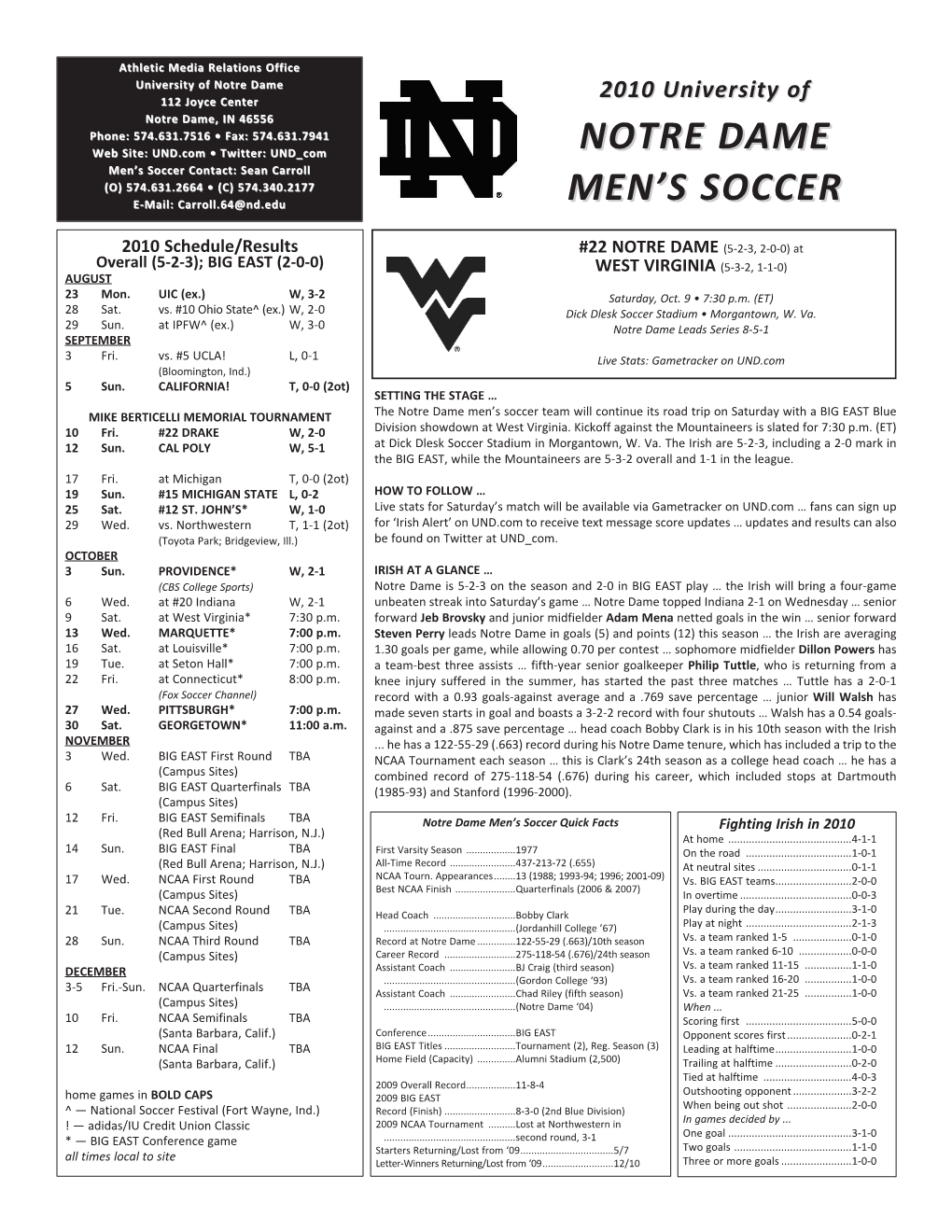 Notre Dame Men's Soccer Notre Dame Combined Team Statistics (As of Oct 07, 2010) All Games