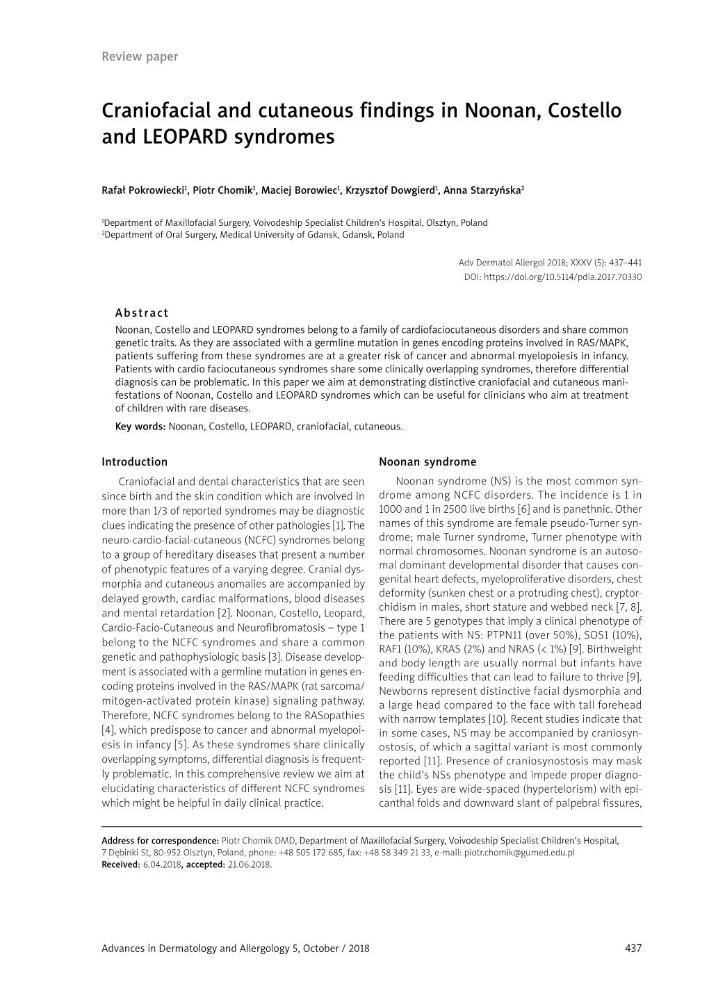 Craniofacial and Cutaneous Findings in Noonan, Costello and LEOPARD Syndromes