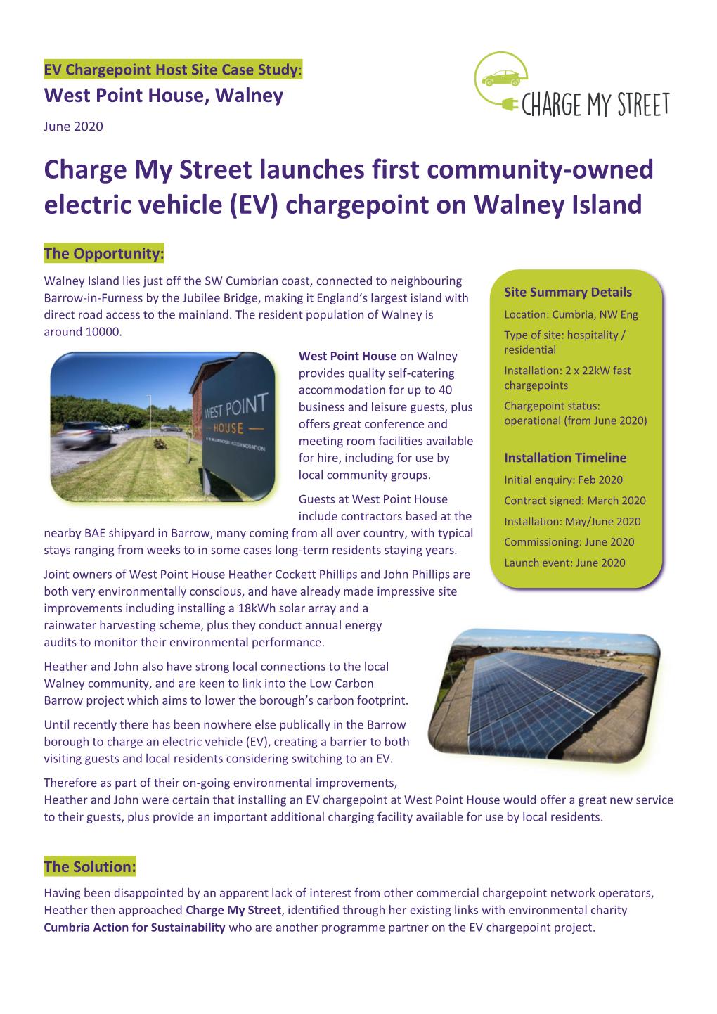 West Point House, Walney June 2020 Charge My Street Launches First Community-Owned Electric Vehicle (EV) Chargepoint on Walney Island