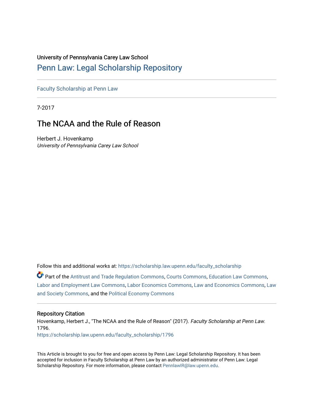 The NCAA and the Rule of Reason