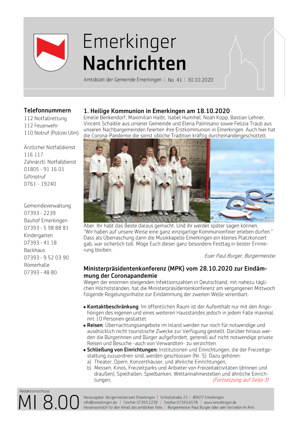 1. Heilige Kommunion in Emerkingen Am 18.10.2020