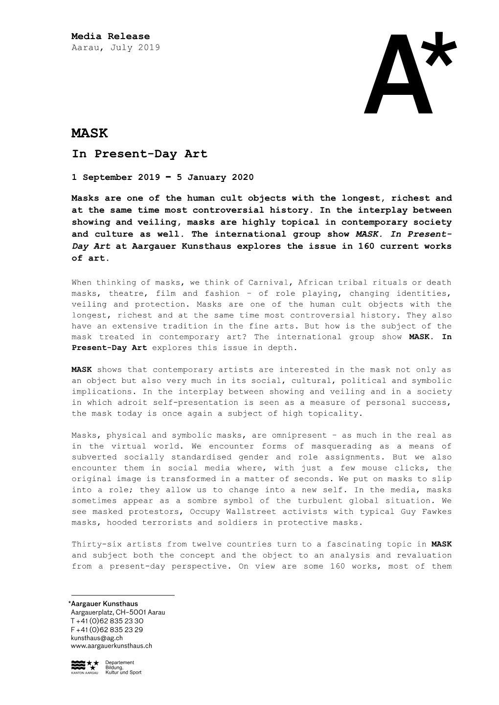 Media Release, Aargauer Kunsthaus, Aarau, July 2019: MASK. in Present