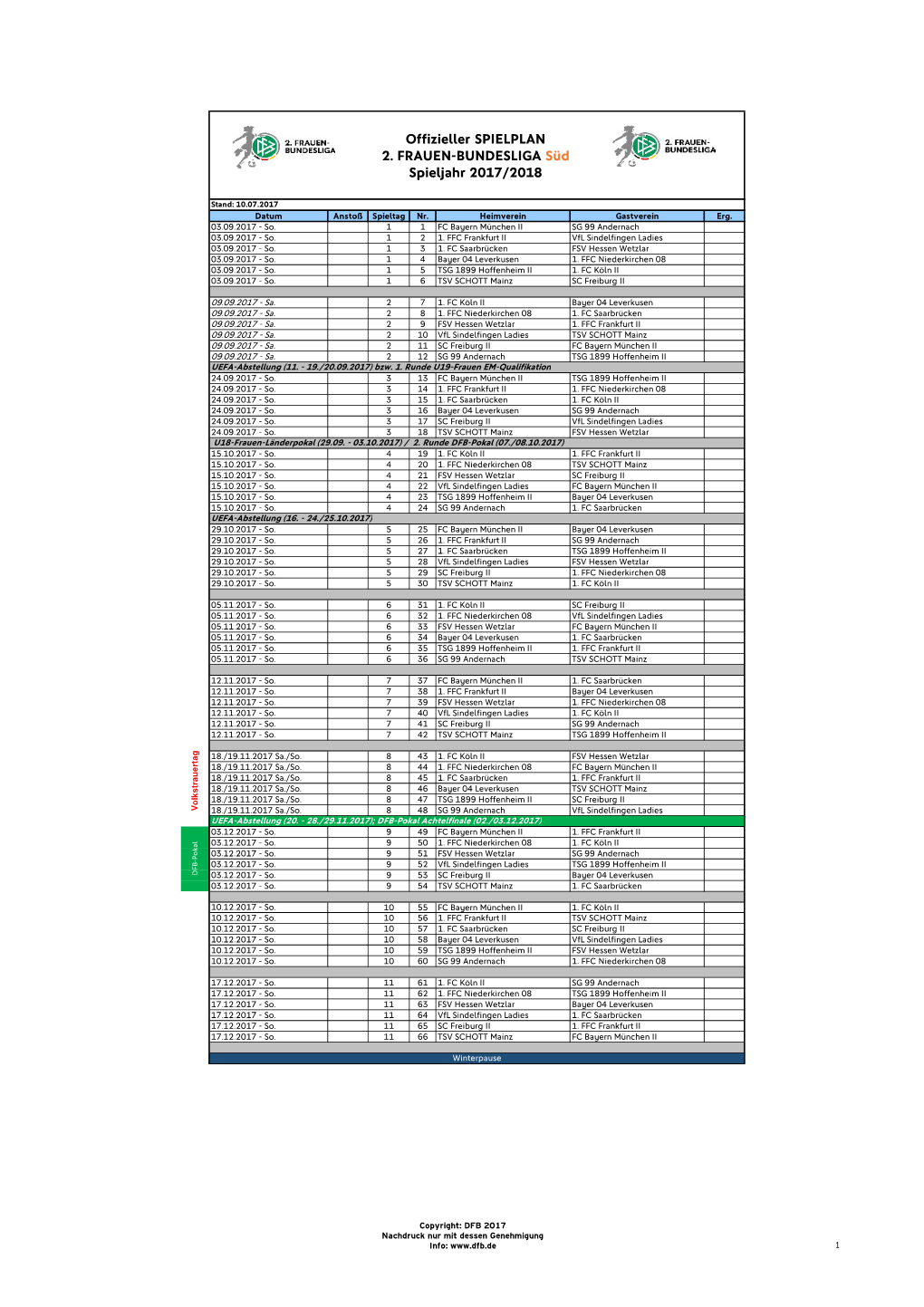 Offizieller Spielplan 2. FBL Süd 17-18