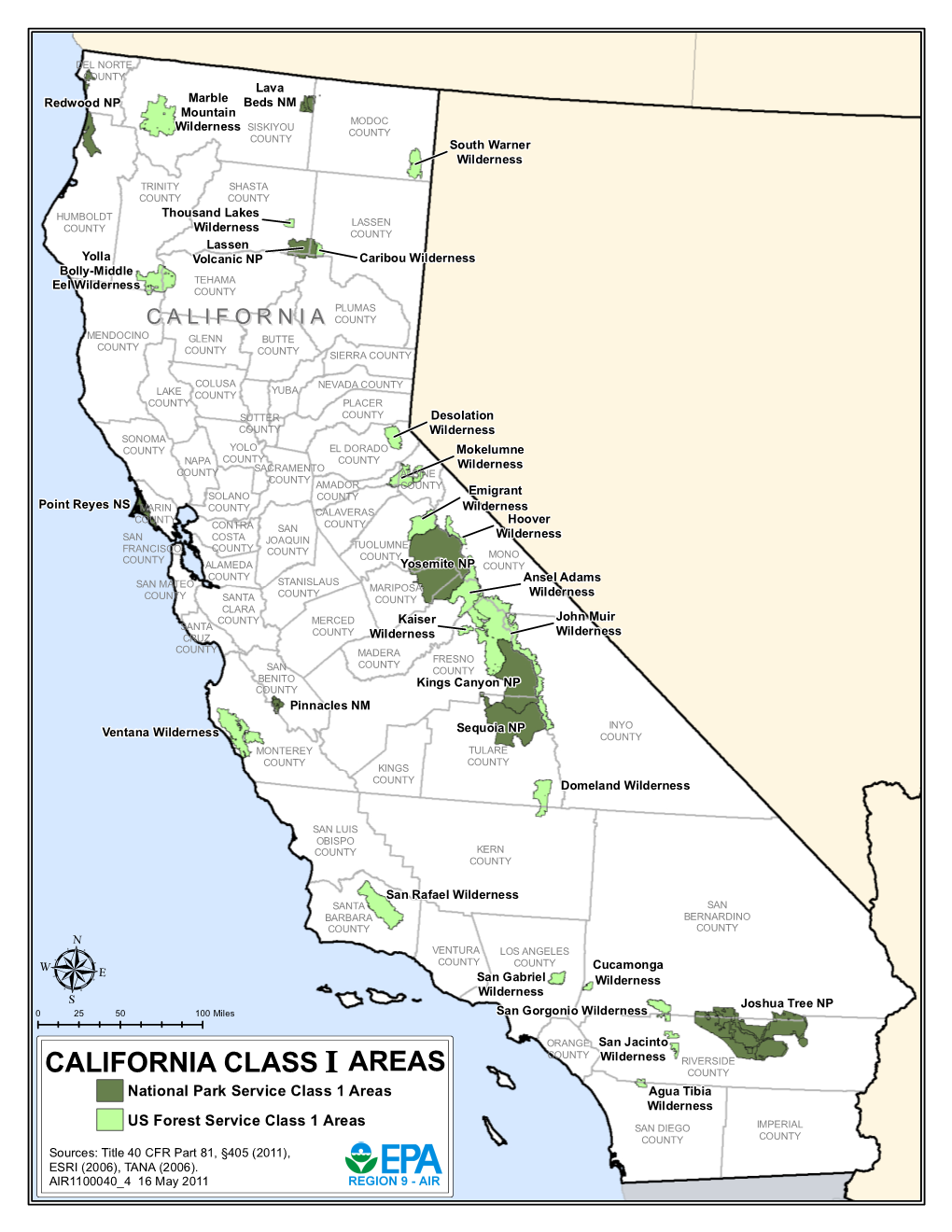 CALIFORNIA CLASS I AREAS COUNTY National Park Service Class 1 Areas Agua Tibia Wilderness