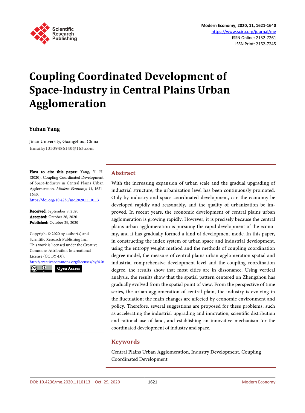 Coupling Coordinated Development of Space-Industry in Central Plains Urban Agglomeration