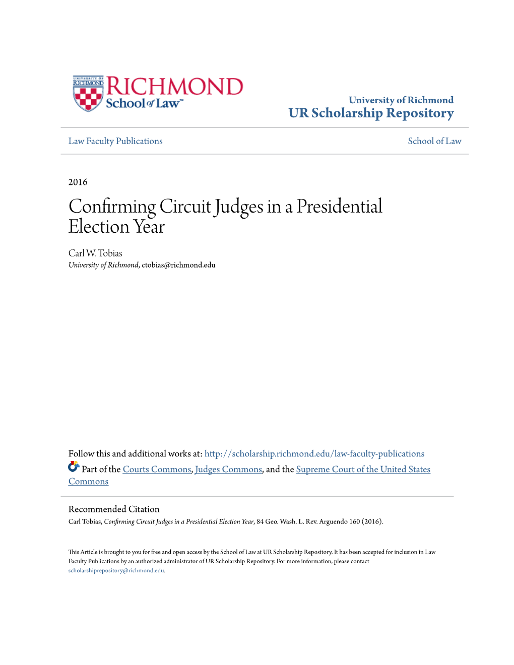 Confirming Circuit Judges in a Presidential Election Year Carl W