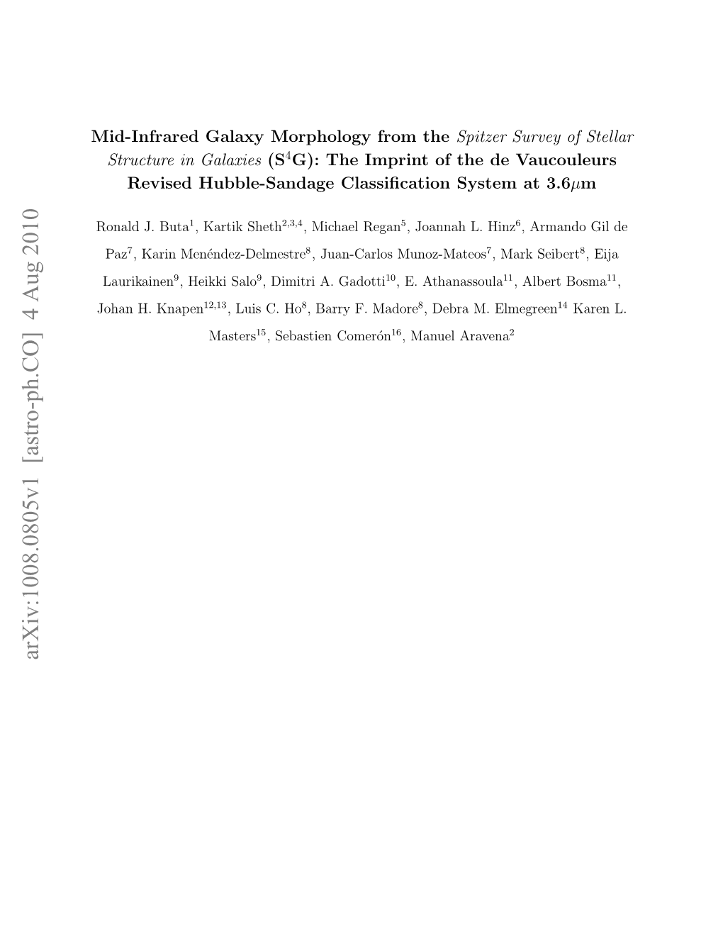 Arxiv:1008.0805V1 [Astro-Ph.CO] 4 Aug 2010 I-Nrrdglx Opooyfo the from Morphology Galaxy Mid-Infrared Oadj Buta J