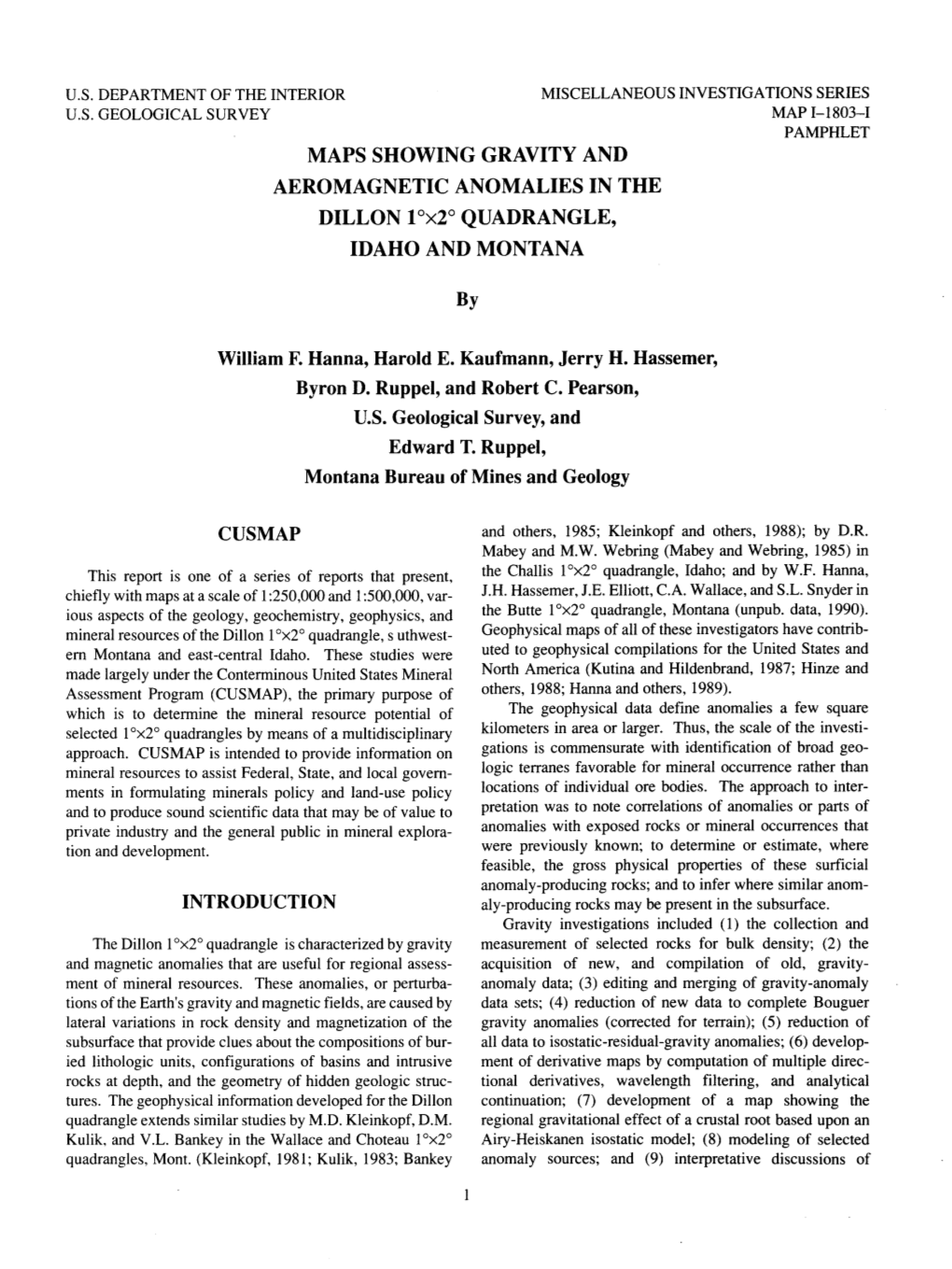 Maps Showing Gravity and Aeromagnetic Anomalies in the Dillon 1 °X2° Quadrangle, Idaho and Montana