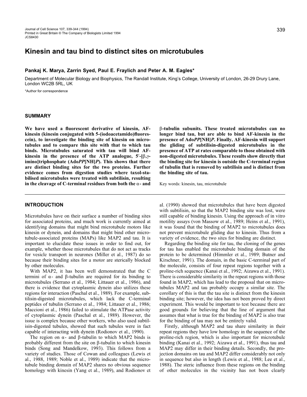 Kinesin and Tau Bind to Distinct Sites on Microtubules