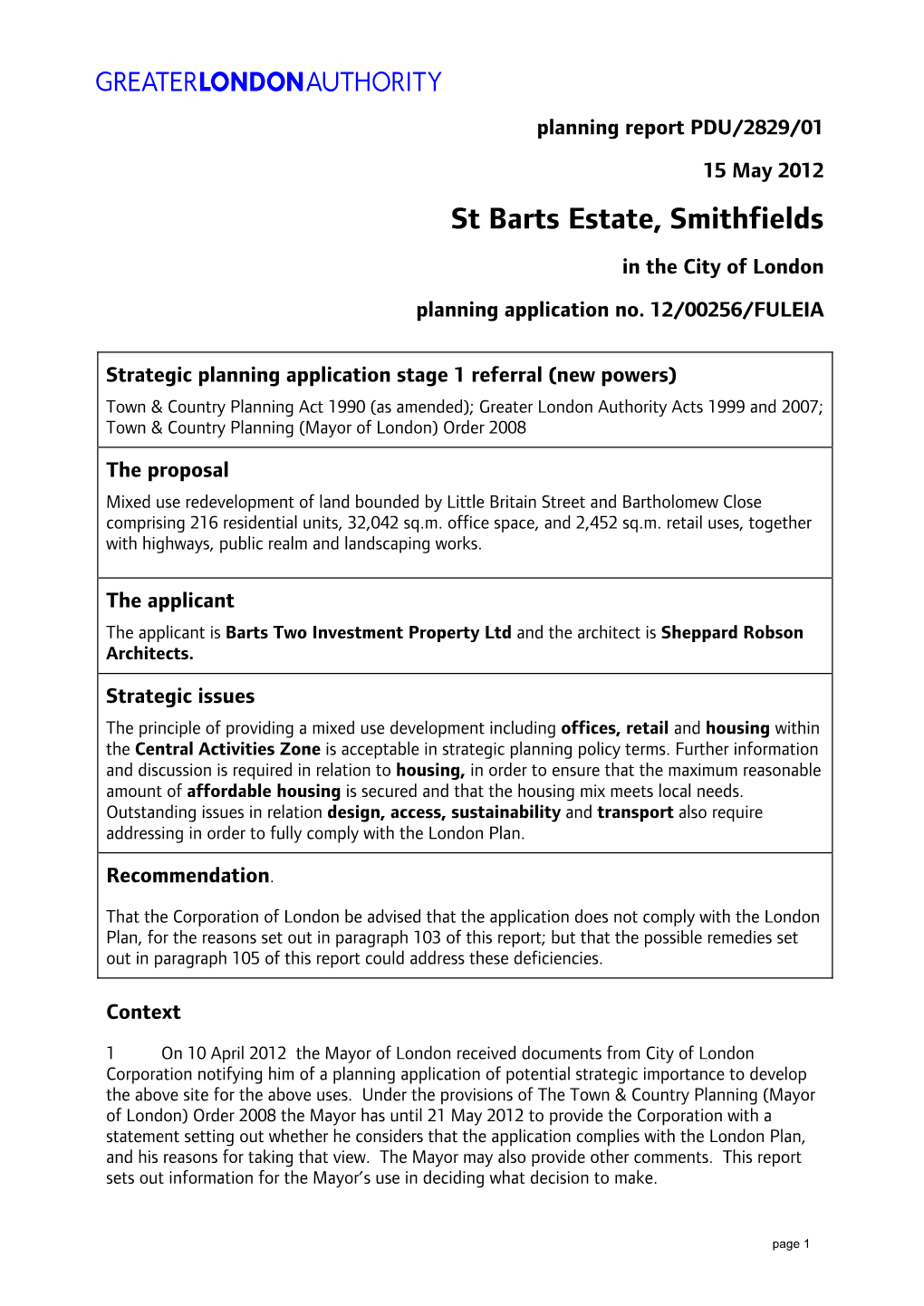 St Barts Estate, Smithfields in the City of London Planning Application No