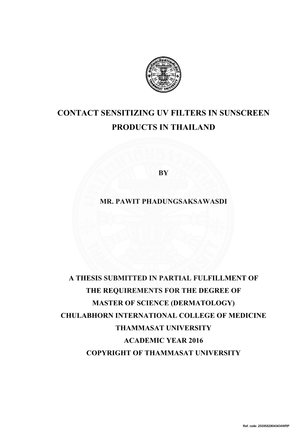 Contact Sensitizing Uv Filters in Sunscreen Products in Thailand