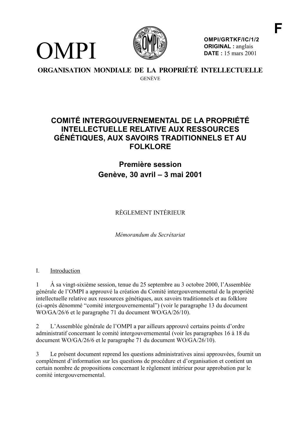 WIPO/GRTKF/IC/1/2: Règlement Intérieur